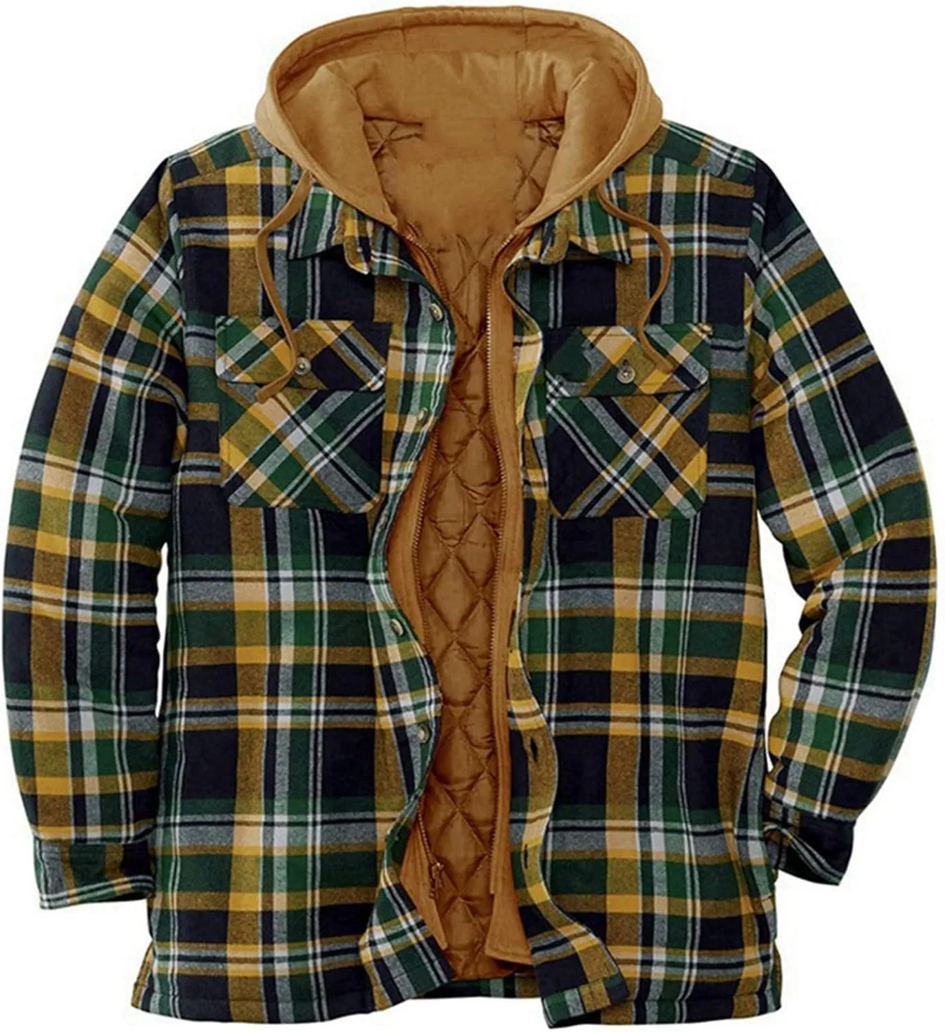 Mens Quilted Lined Flannel Hooded Shirt Jacket Winter Soft Warm Long Sleeve Zip Up Jackets Outdoor Plaid Velvet Coats