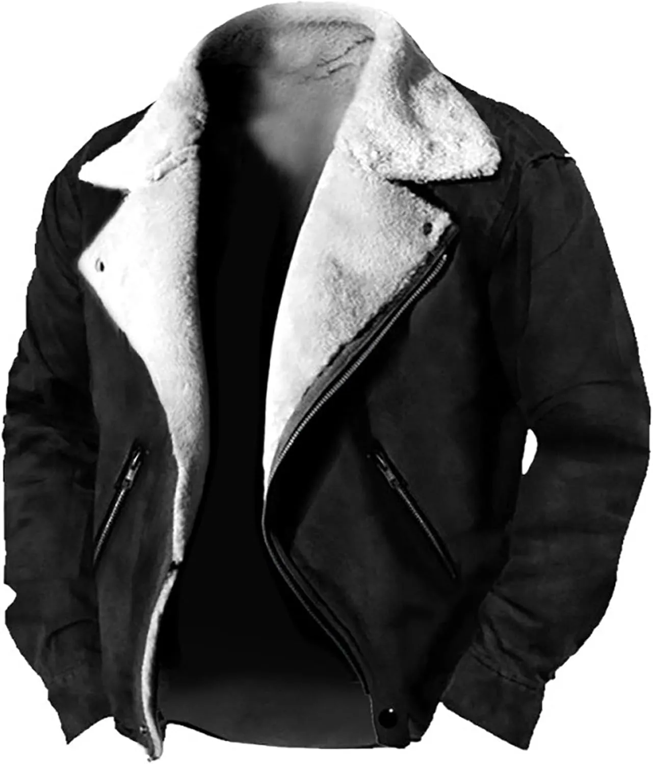 Mens Sherpa Lined Leather Jacket, Vintage Suede with Pocket and Plush Reversed Collar, Warm Washed Trucker Jacket