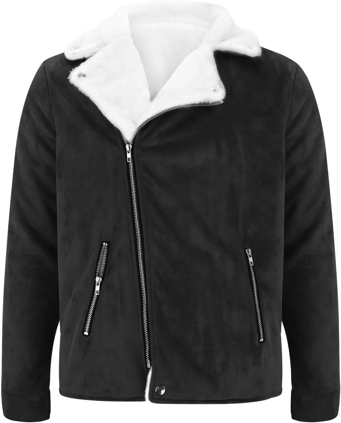 Mens Sherpa Lined Leather Jacket, Vintage Suede with Pocket and Plush Reversed Collar, Warm Washed Trucker Jacket
