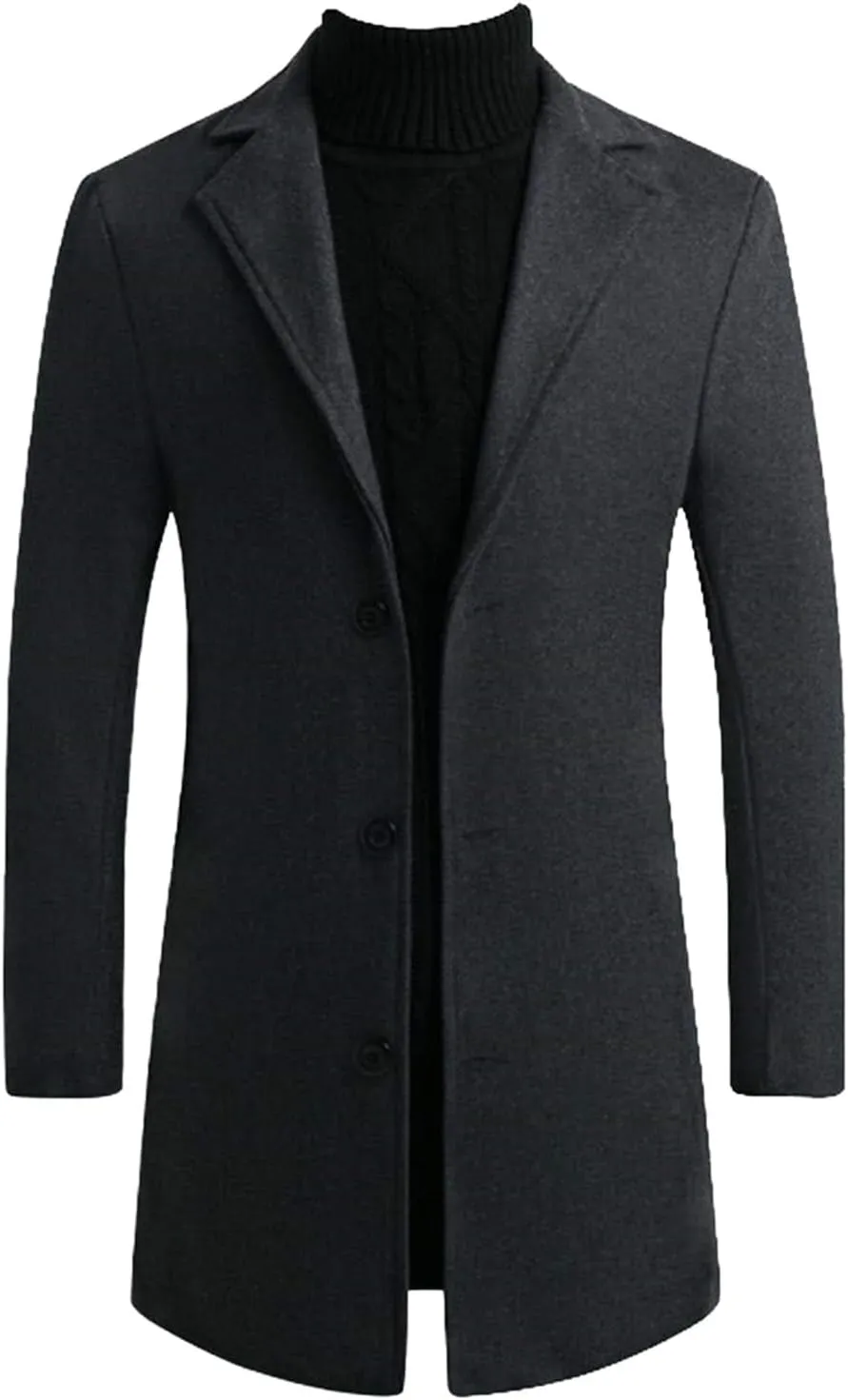 Mens Wool Blend Mid-Length Trench Coat Notched Collar Long Pea Coat Business Single Breasted Jacket Overcoat