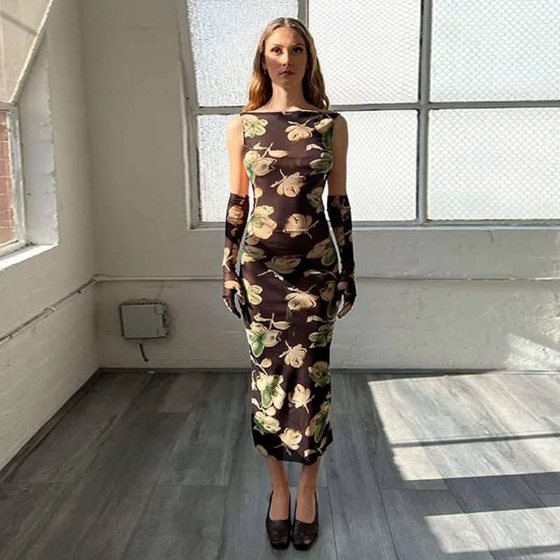 Mesh Cutout Maxi Dress with Floral Print and Opera Gloves for the Modern Socialite