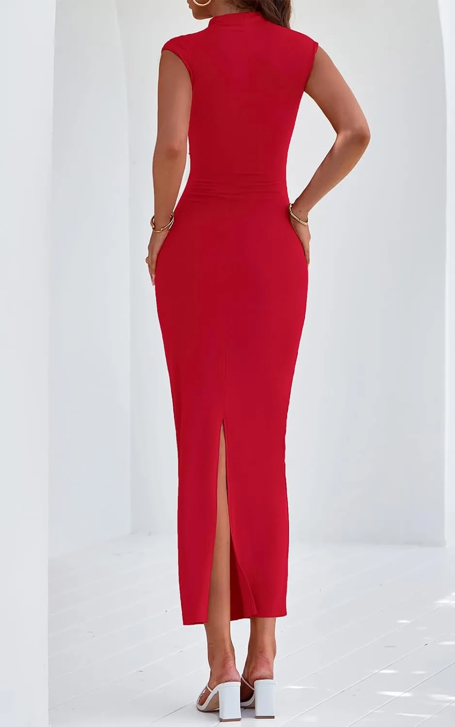 PRETTYGARDEN Women's Summer Maxi Dress Ruched Bodycon Sleeveless Formal Wedding Guest Elegant Cocktail Party Slit Dresses