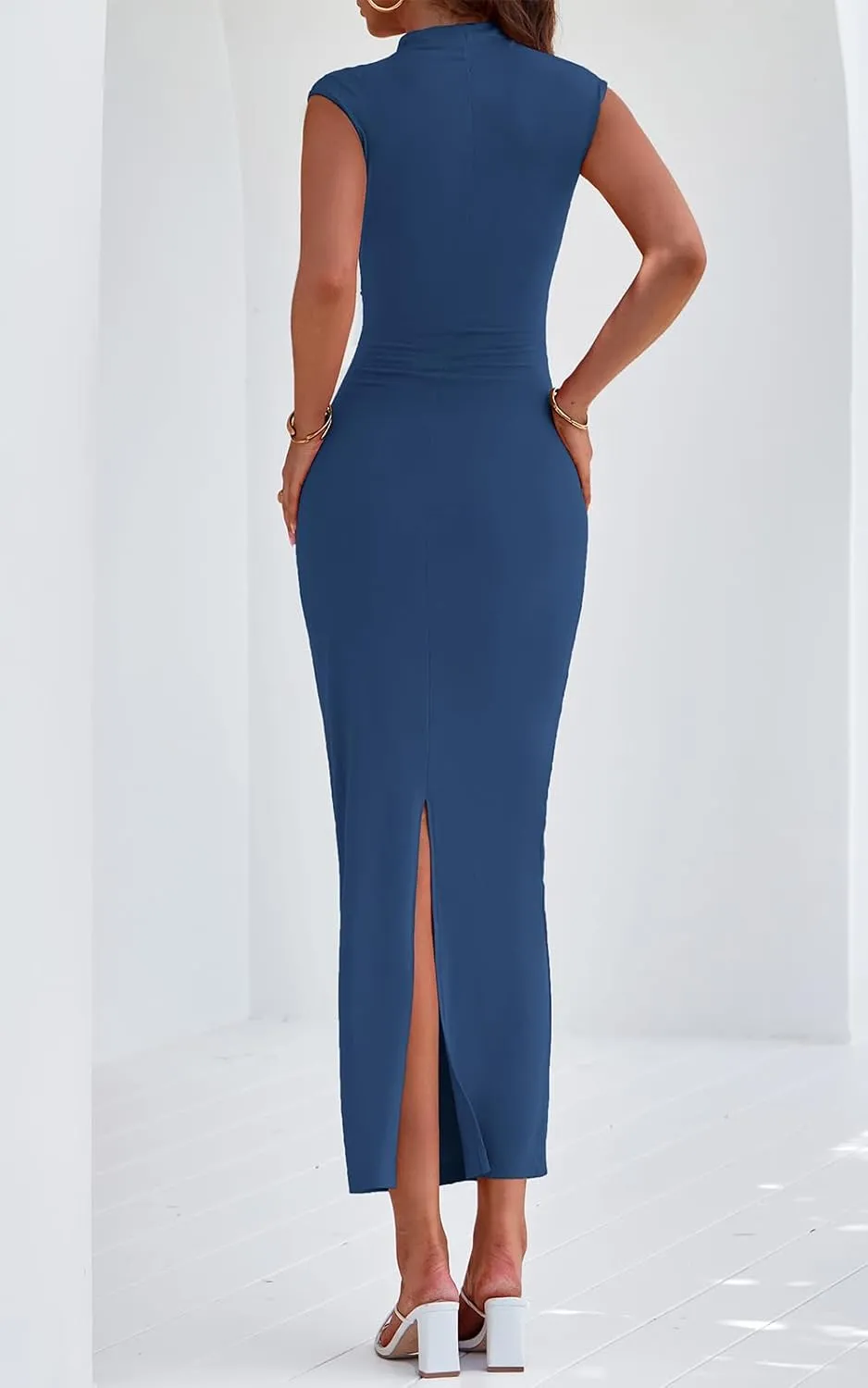 PRETTYGARDEN Women's Summer Maxi Dress Ruched Bodycon Sleeveless Formal Wedding Guest Elegant Cocktail Party Slit Dresses
