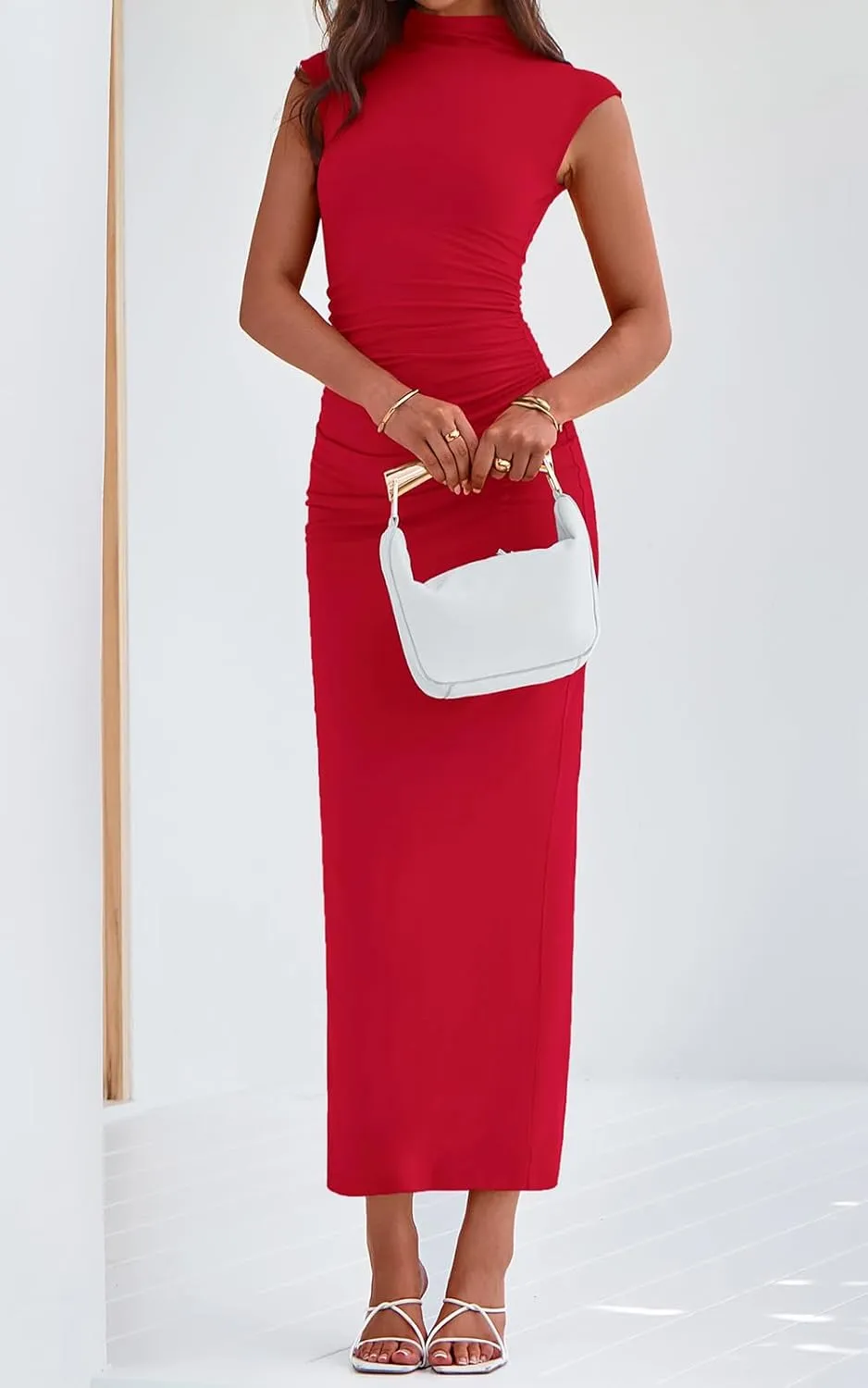 PRETTYGARDEN Women's Summer Maxi Dress Ruched Bodycon Sleeveless Formal Wedding Guest Elegant Cocktail Party Slit Dresses