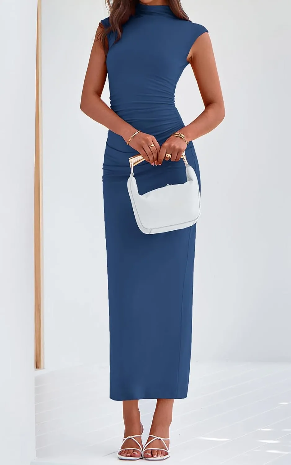 PRETTYGARDEN Women's Summer Maxi Dress Ruched Bodycon Sleeveless Formal Wedding Guest Elegant Cocktail Party Slit Dresses