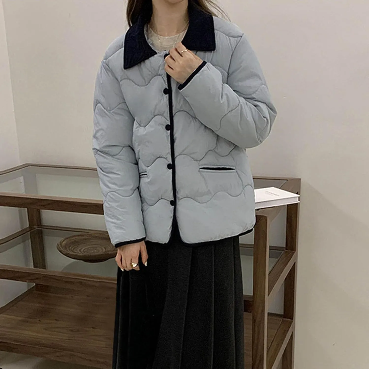 Quilted Jackets For Women 2024 Casual Trendy Lapel Button Down Long Sleeve Down Jacket Fall Winter Comfy Warm Tops