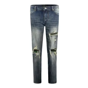 Sneakerhill Distressed Dirty Washed Denim w/ Camo Patch Details