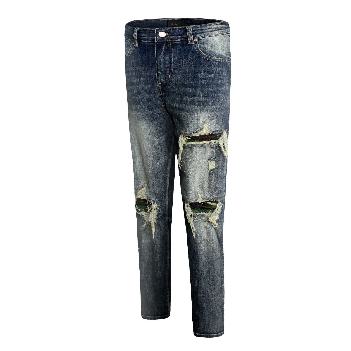 Sneakerhill Distressed Dirty Washed Denim w/ Camo Patch Details
