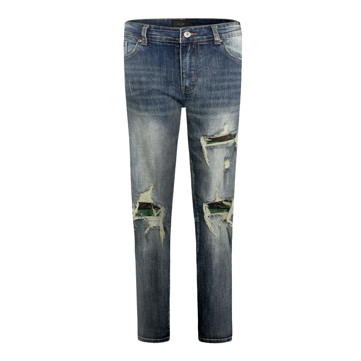 Sneakerhill Distressed Dirty Washed Denim w/ Camo Patch Details