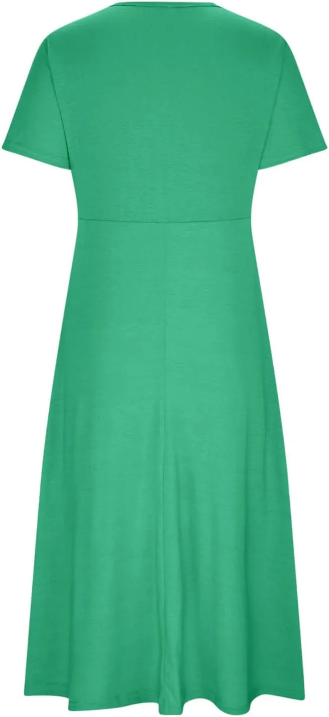 Summer Dress for Women V Neck Criss Cross A-Line Dress Short Sleeve Solid Midi Dress Pleated Wrap Dress with Pocket