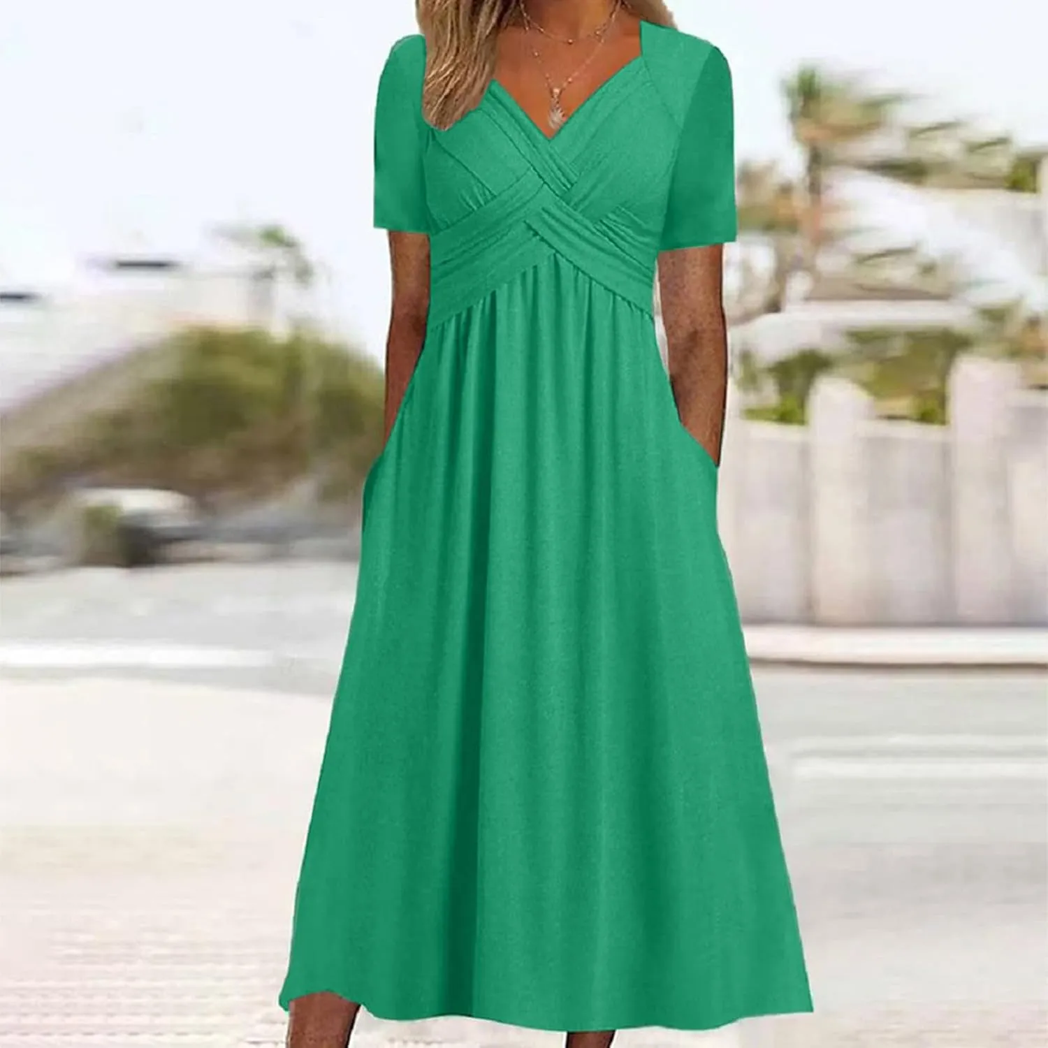 Summer Dress for Women V Neck Criss Cross A-Line Dress Short Sleeve Solid Midi Dress Pleated Wrap Dress with Pocket