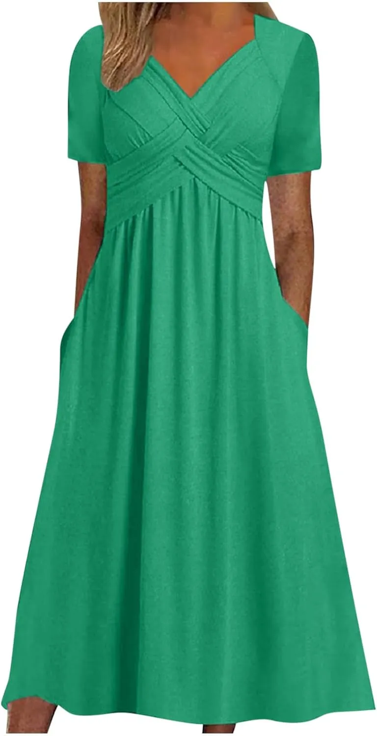 Summer Dress for Women V Neck Criss Cross A-Line Dress Short Sleeve Solid Midi Dress Pleated Wrap Dress with Pocket
