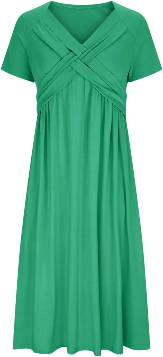 Summer Dress for Women V Neck Criss Cross A-Line Dress Short Sleeve Solid Midi Dress Pleated Wrap Dress with Pocket