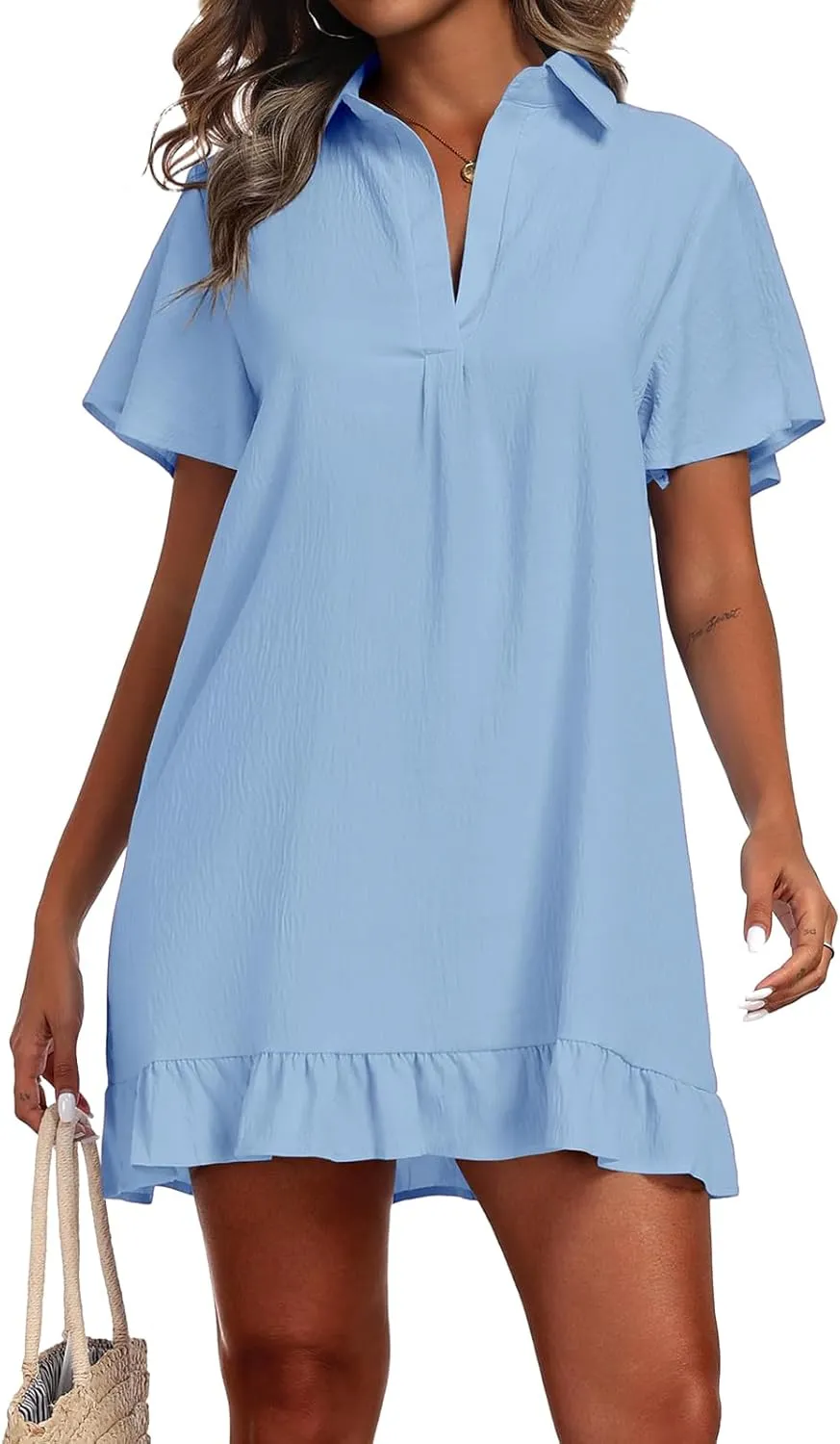 Summer Dresses for Women V Neck Short Sleeve Polo Dress Loose Casual Beach Dresses Ruffle Hem Sundresses