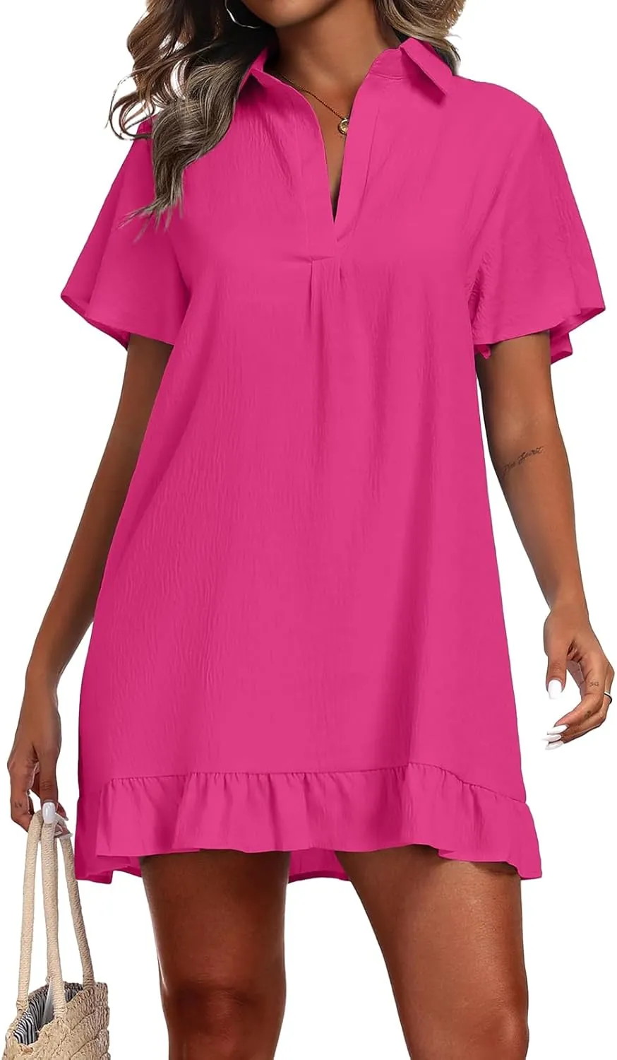 Summer Dresses for Women V Neck Short Sleeve Polo Dress Loose Casual Beach Dresses Ruffle Hem Sundresses