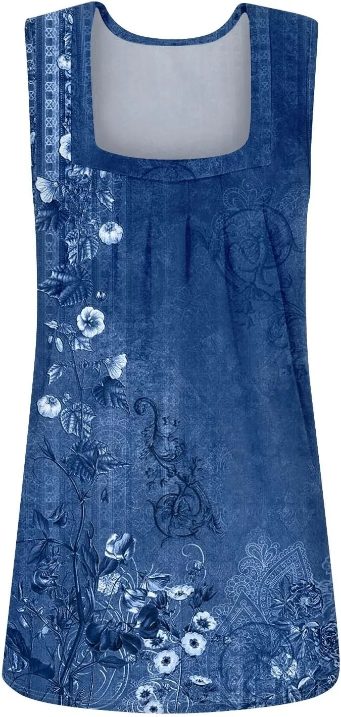 Summer Tank Tops for Women Pleated Square Neck Sleeveless Shirts Casual Printed Loose Fit Trendy Blouses