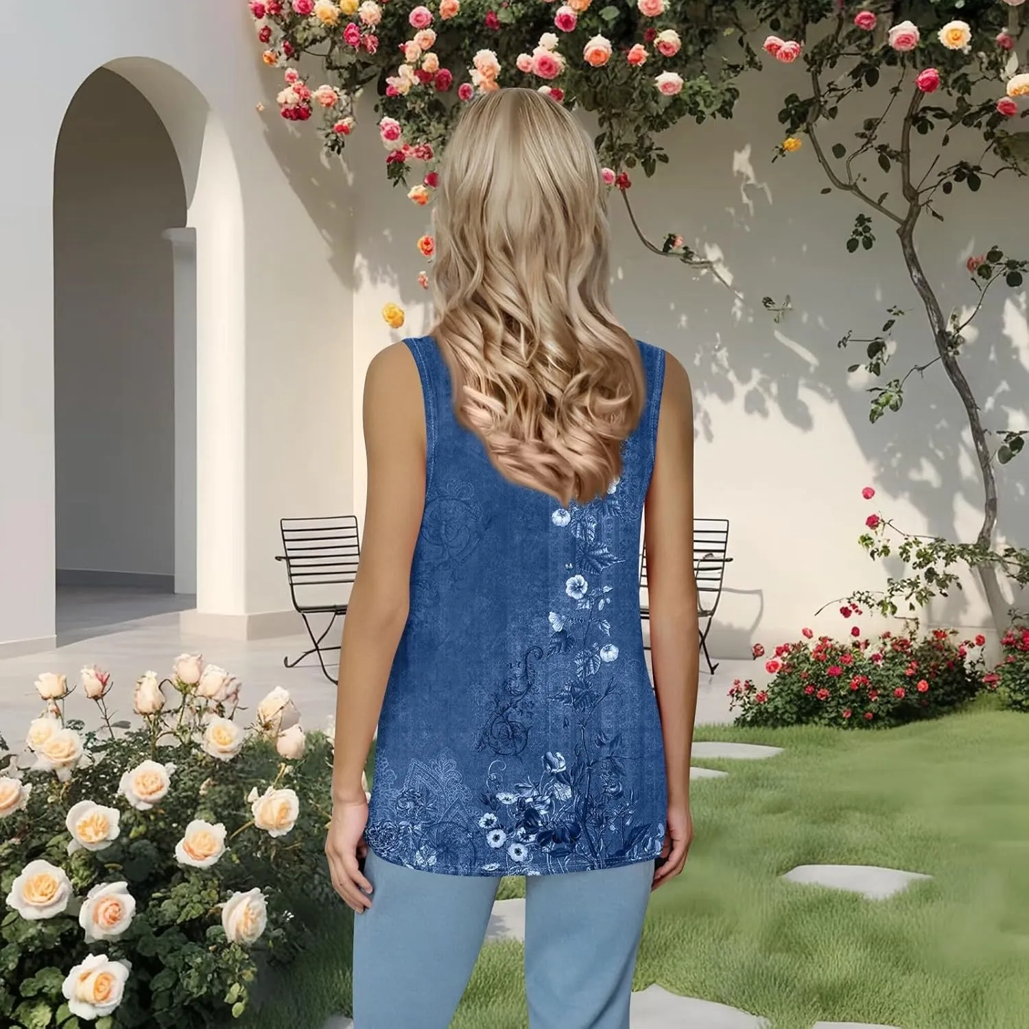 Summer Tank Tops for Women Pleated Square Neck Sleeveless Shirts Casual Printed Loose Fit Trendy Blouses