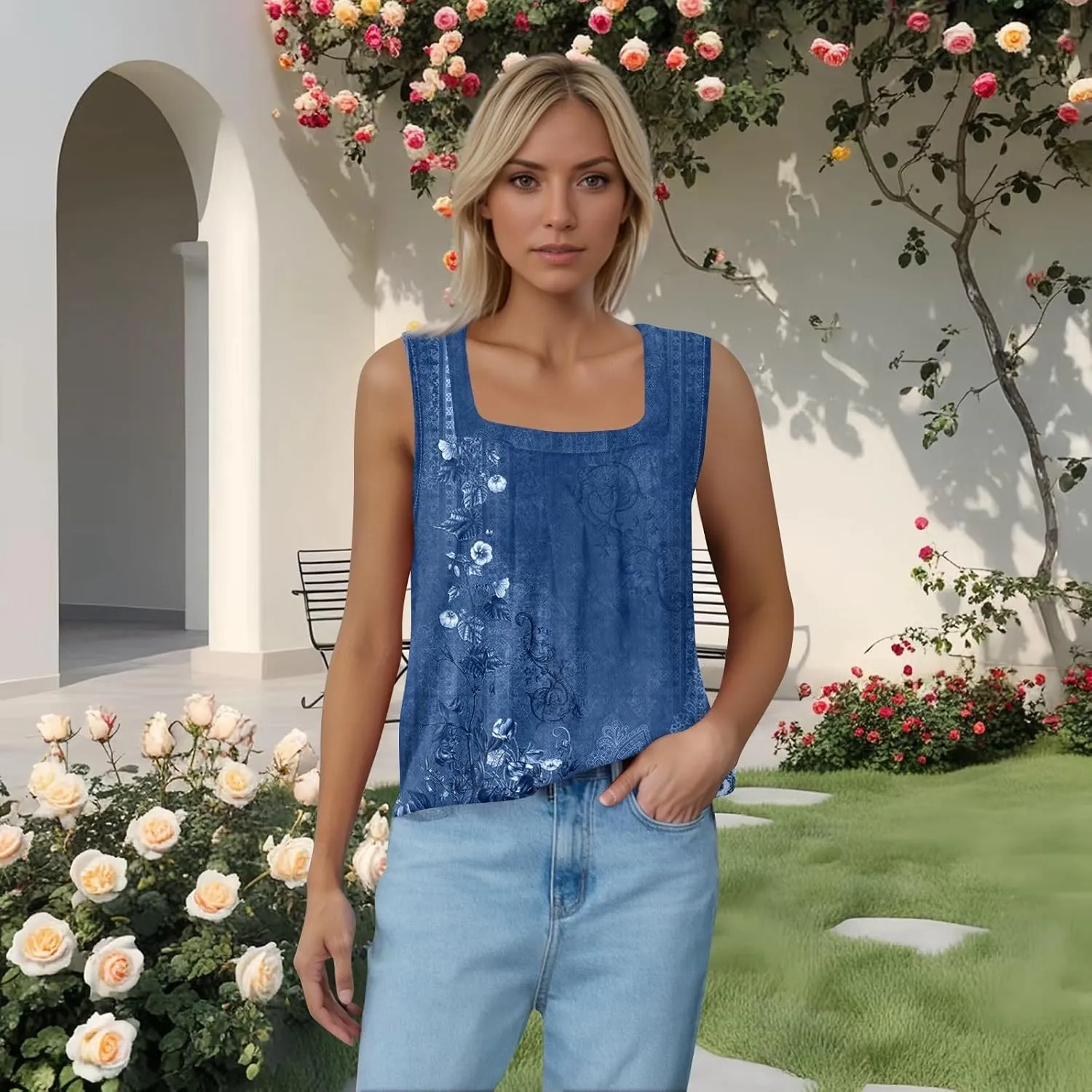 Summer Tank Tops for Women Pleated Square Neck Sleeveless Shirts Casual Printed Loose Fit Trendy Blouses