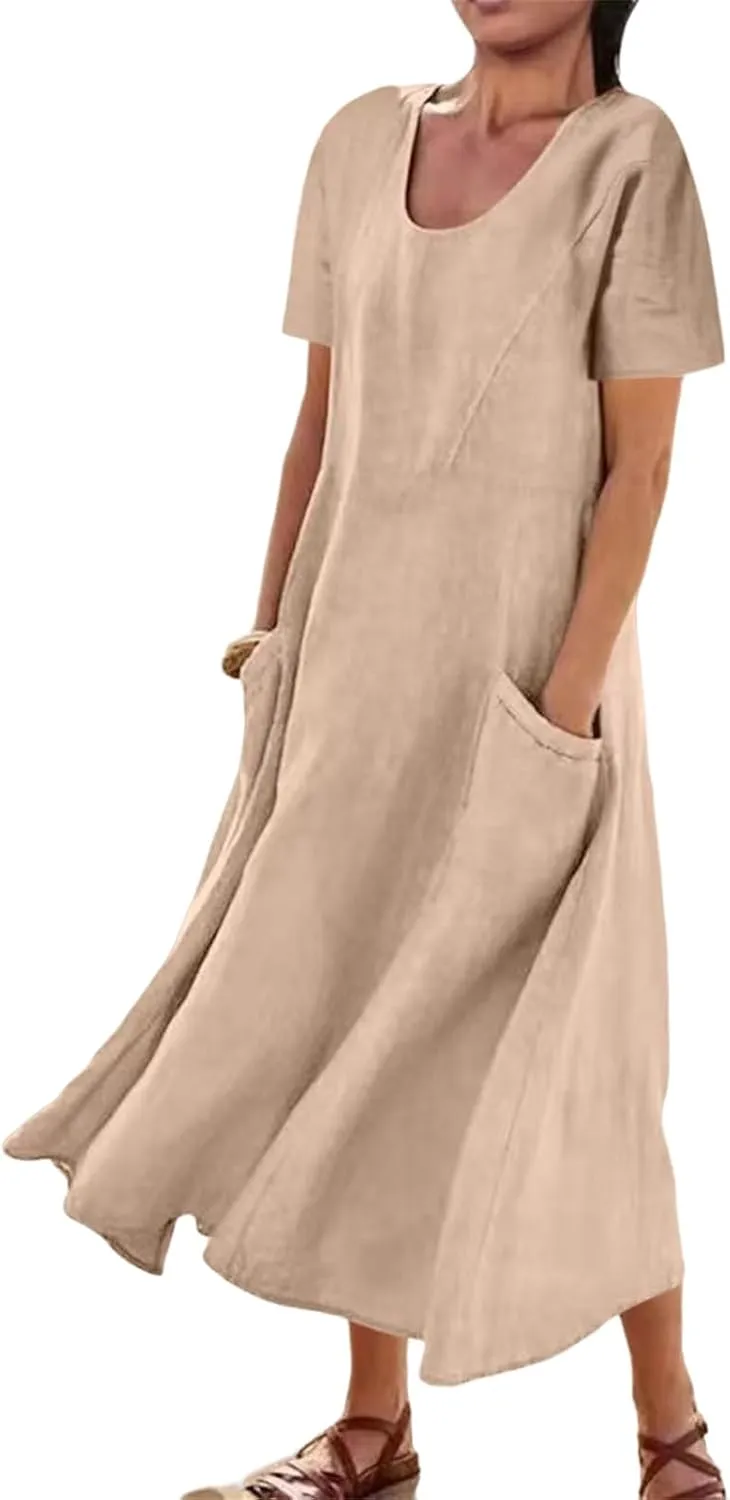 Swing Dresses for Women Casual Short Sleeve Cotton Linen Dress Solid Color Loose Beach Sundress Flowy Maxi Dress