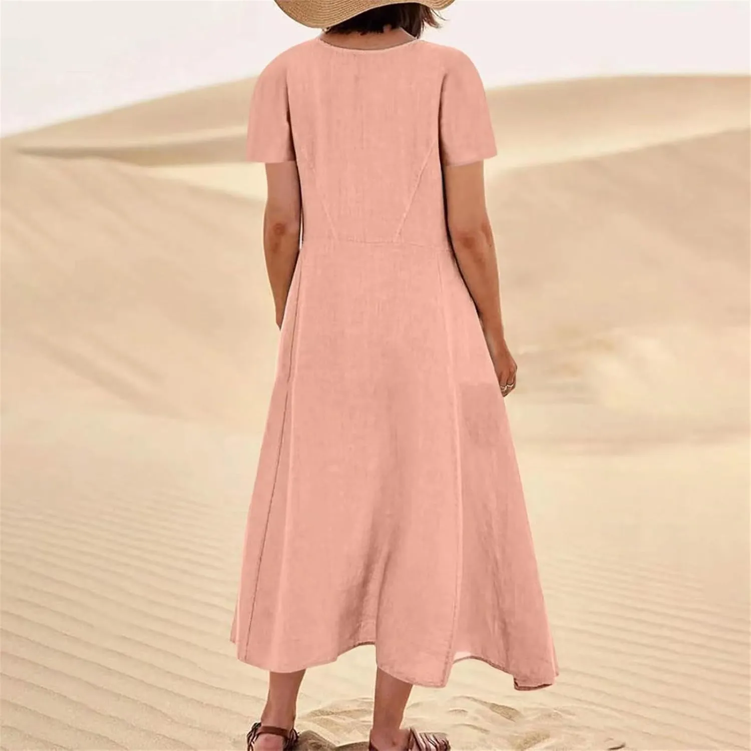 Swing Dresses for Women Casual Short Sleeve Cotton Linen Dress Solid Color Loose Beach Sundress Flowy Maxi Dress