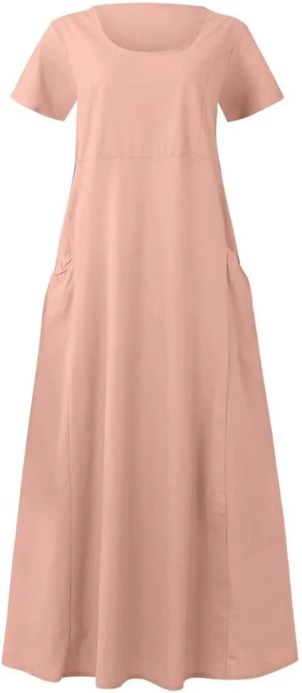 Swing Dresses for Women Casual Short Sleeve Cotton Linen Dress Solid Color Loose Beach Sundress Flowy Maxi Dress