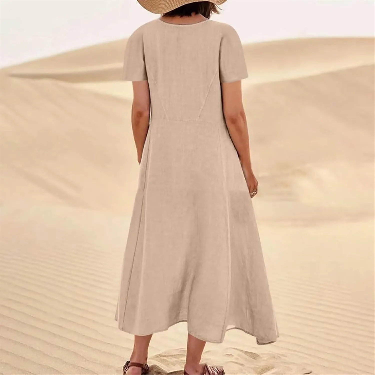 Swing Dresses for Women Casual Short Sleeve Cotton Linen Dress Solid Color Loose Beach Sundress Flowy Maxi Dress