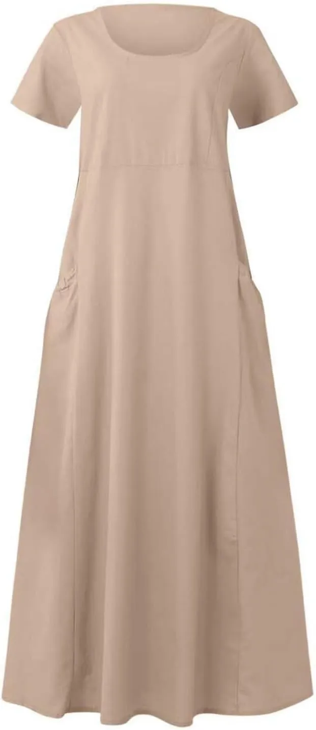 Swing Dresses for Women Casual Short Sleeve Cotton Linen Dress Solid Color Loose Beach Sundress Flowy Maxi Dress