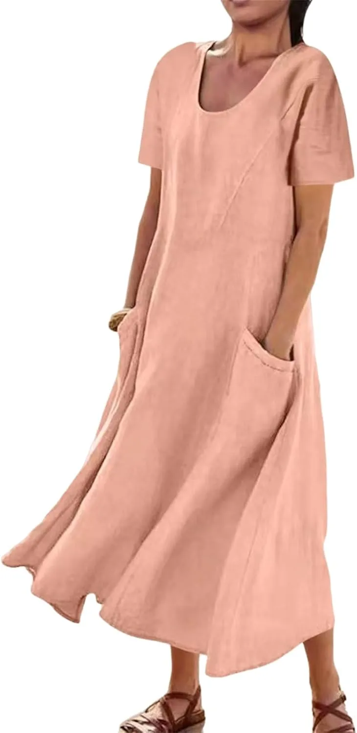 Swing Dresses for Women Casual Short Sleeve Cotton Linen Dress Solid Color Loose Beach Sundress Flowy Maxi Dress