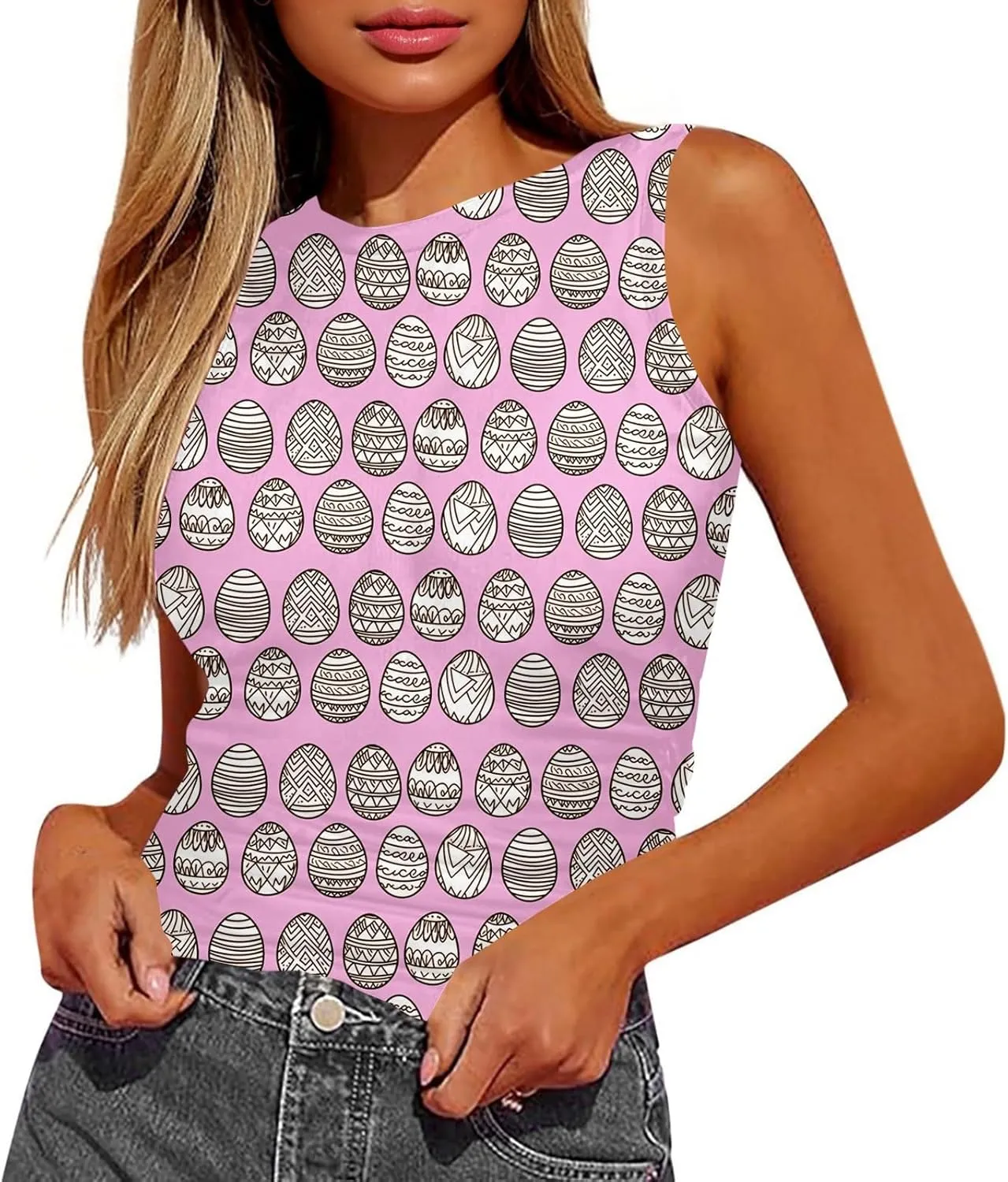 Tank Tops for Women 2025 Cute Egg and Bunny Print Round Neck Easter Shirts Slim Sleeveless Camisole Summer Outfits