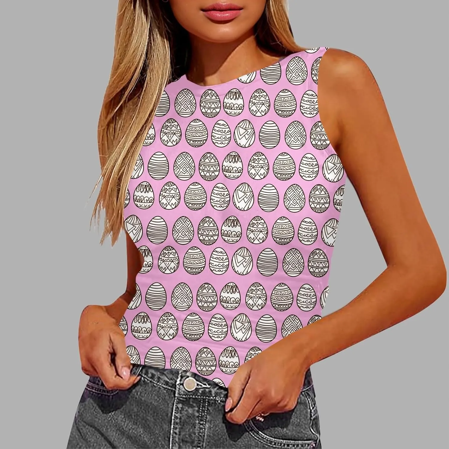 Tank Tops for Women 2025 Cute Egg and Bunny Print Round Neck Easter Shirts Slim Sleeveless Camisole Summer Outfits
