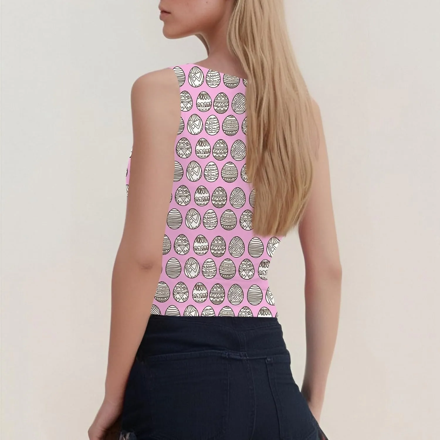 Tank Tops for Women 2025 Cute Egg and Bunny Print Round Neck Easter Shirts Slim Sleeveless Camisole Summer Outfits