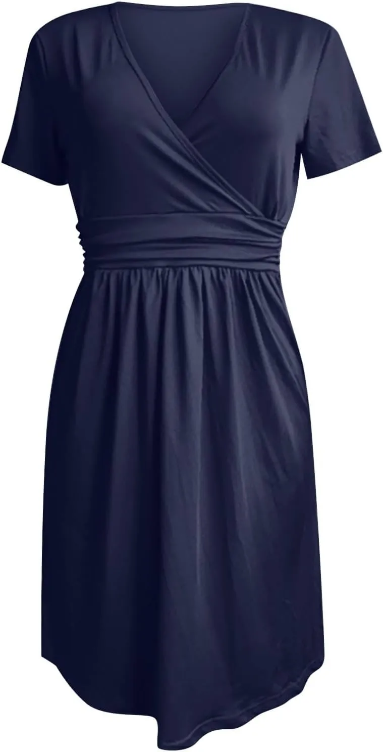 Wedding Guest Dresses for Women Retro Vintage Short Sleeve V Neck Flowy A-Line Wrap Mini Dress Party Loose 80S Outfit