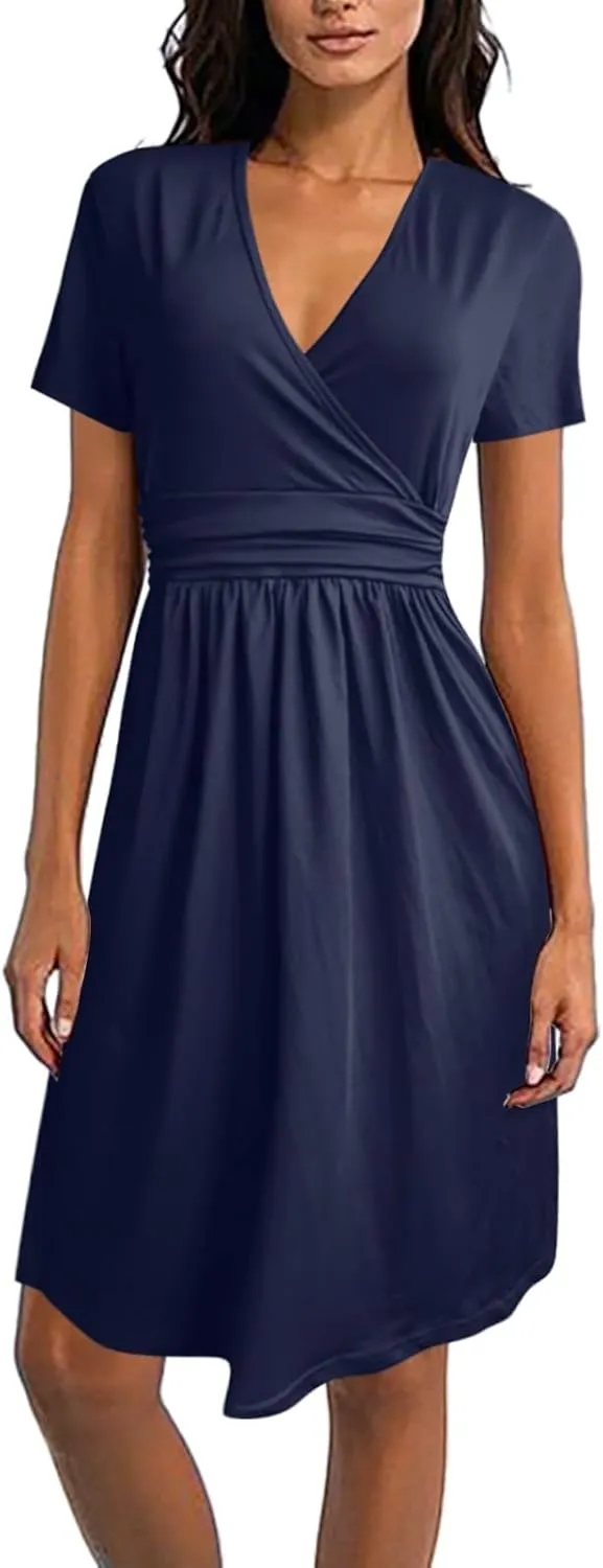 Wedding Guest Dresses for Women Retro Vintage Short Sleeve V Neck Flowy A-Line Wrap Mini Dress Party Loose 80S Outfit