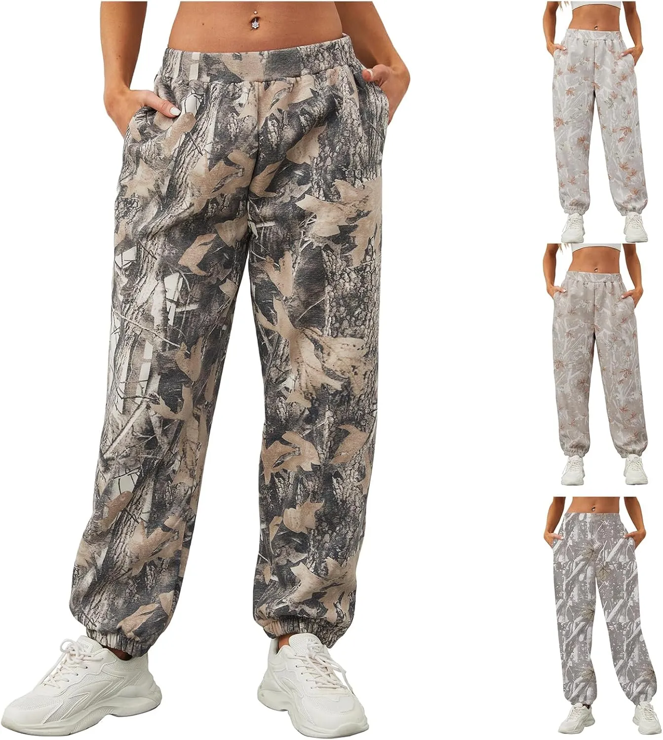 Women Camo Pants Baggy Fleece Elastic High Waisted Sweatpants Active Workout Jogger Pant Lounge Cinch Bottom Trousers