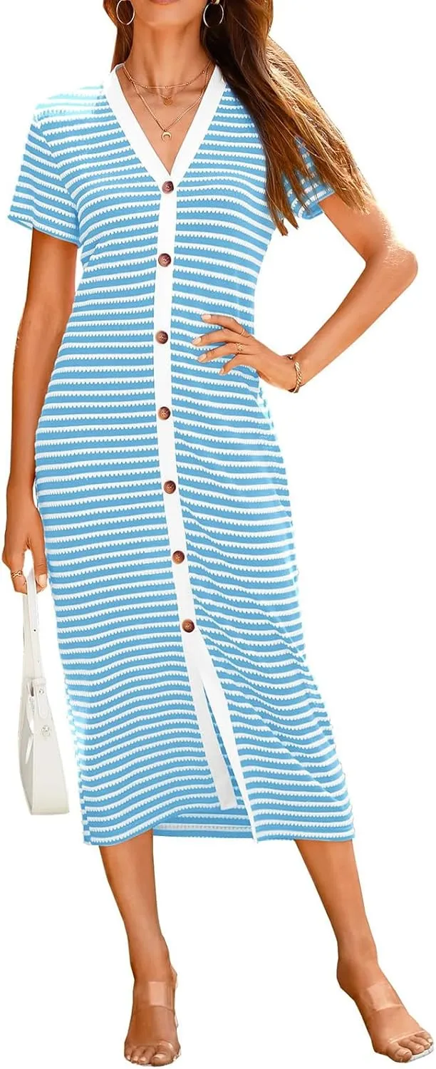 Women Casual Summer Dresses Trendy Striped Short Sleeve Midi Dress Button Decorative Ribbed Knit Dress Party Dresses