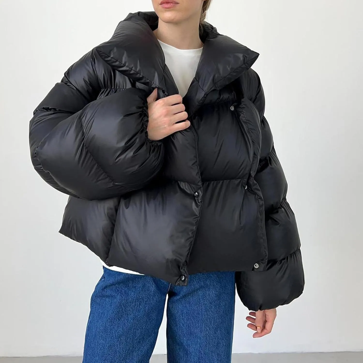 Women Stand Collar Oversized Coats Quilted Down Jacket with Hood Lightweight Puffer Coat Long-Sleeve Padded Outwear