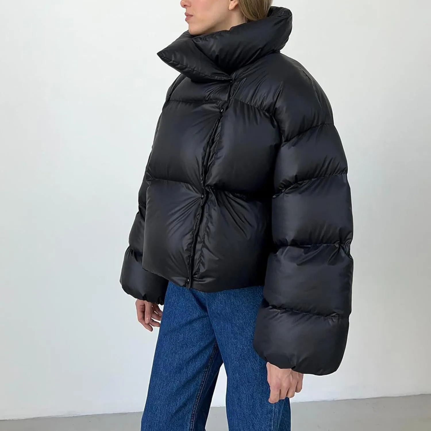 Women Stand Collar Oversized Coats Quilted Down Jacket with Hood Lightweight Puffer Coat Long-Sleeve Padded Outwear