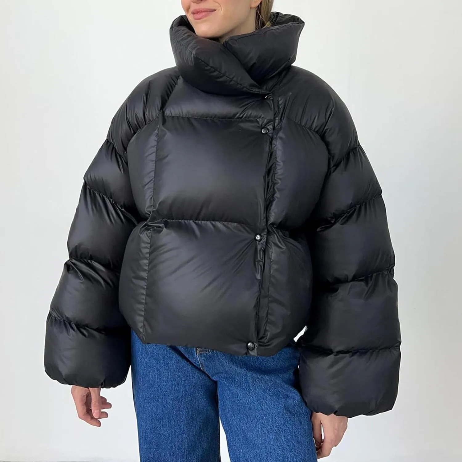 Women Stand Collar Oversized Coats Quilted Down Jacket with Hood Lightweight Puffer Coat Long-Sleeve Padded Outwear