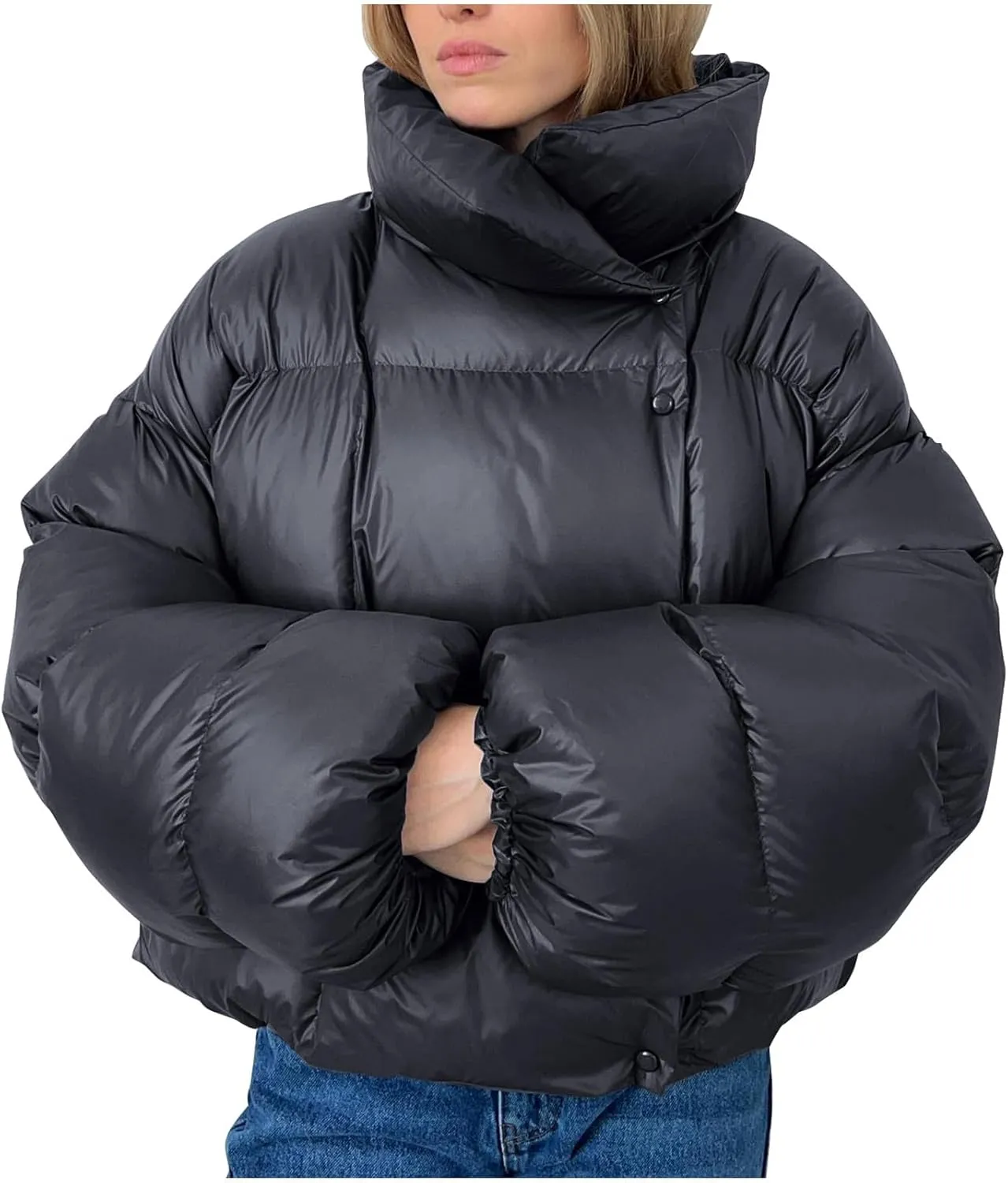 Women Stand Collar Oversized Coats Quilted Down Jacket with Hood Lightweight Puffer Coat Long-Sleeve Padded Outwear