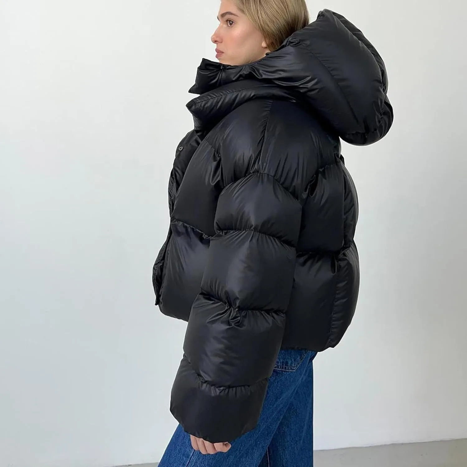 Women Stand Collar Oversized Coats Quilted Down Jacket with Hood Lightweight Puffer Coat Long-Sleeve Padded Outwear