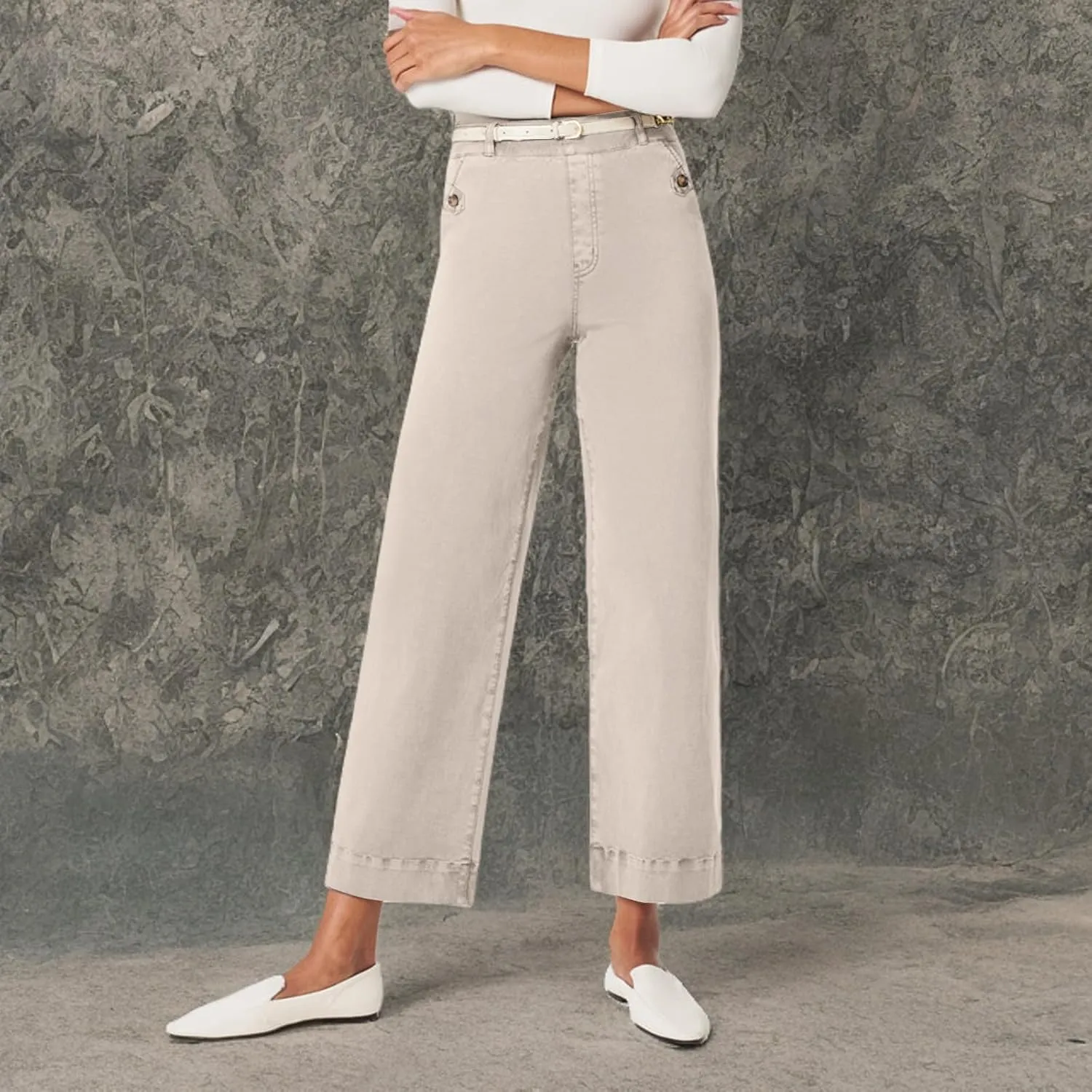 Women Stretch Twill Cropped Wide Leg Pant High Waist Casual Capri Pant Straight Leg Chino Pants Baggy Ankle Jeans