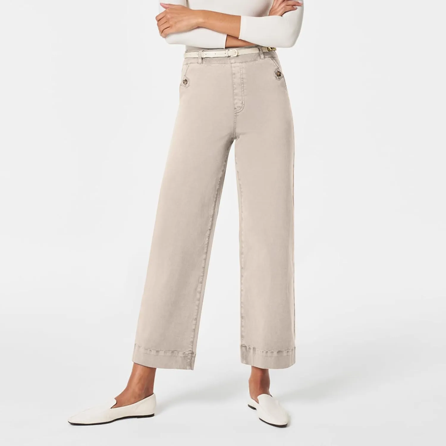 Women Stretch Twill Cropped Wide Leg Pant High Waist Casual Capri Pant Straight Leg Chino Pants Baggy Ankle Jeans