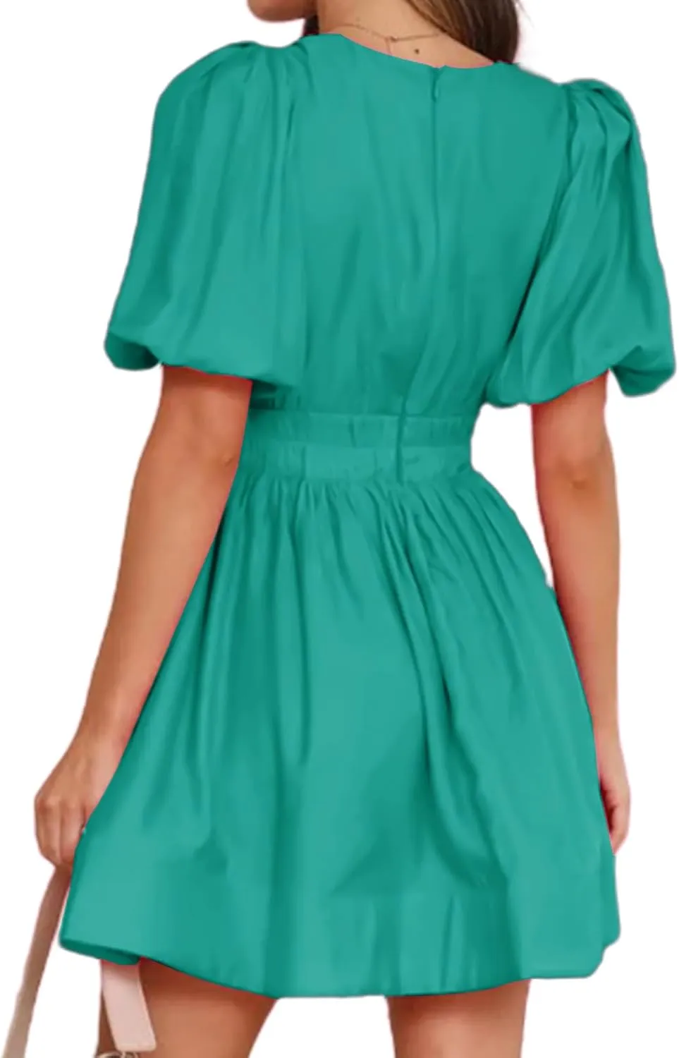 Women Summer Mini Dress Sexy V Neck Puff Short Sleeve A-Line Flowy Swing Dresses Party Dress 2025 Beach Sundress
