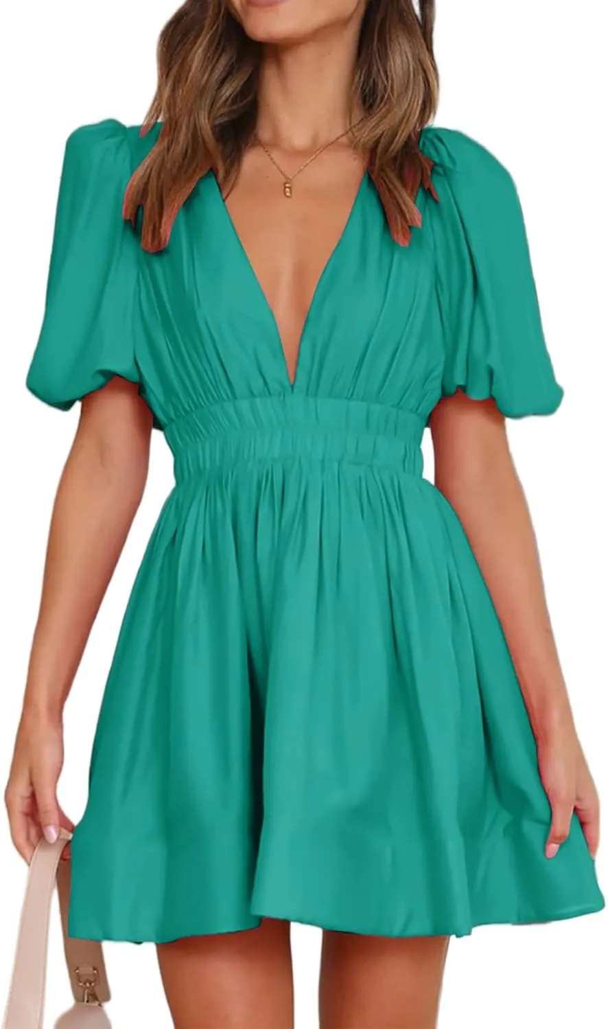 Women Summer Mini Dress Sexy V Neck Puff Short Sleeve A-Line Flowy Swing Dresses Party Dress 2025 Beach Sundress