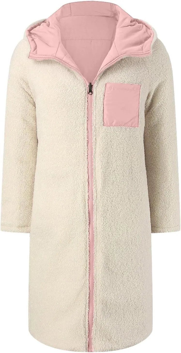 Women's 2024 Winter Fashion Clothes Oversized Fleece Long Coats Jackets Zip Up Warm Coats Long Hooded Puffer Jackets