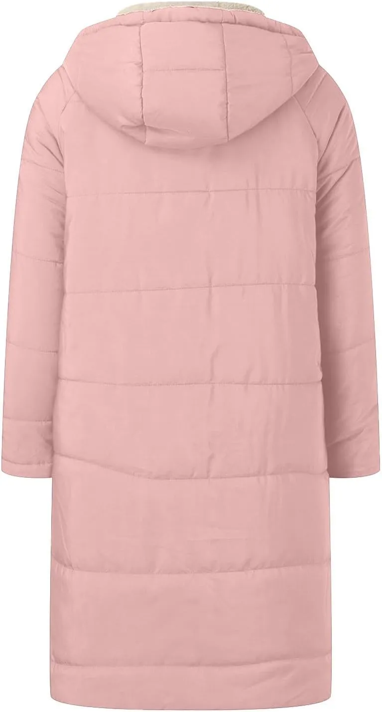 Women's 2024 Winter Fashion Clothes Oversized Fleece Long Coats Jackets Zip Up Warm Coats Long Hooded Puffer Jackets