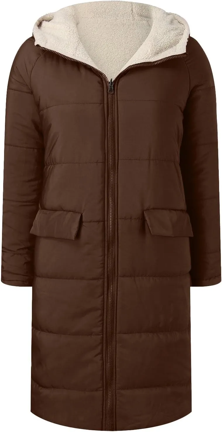 Women's 2024 Winter Fashion Clothes Oversized Fleece Long Coats Jackets Zip Up Warm Coats Long Hooded Puffer Jackets