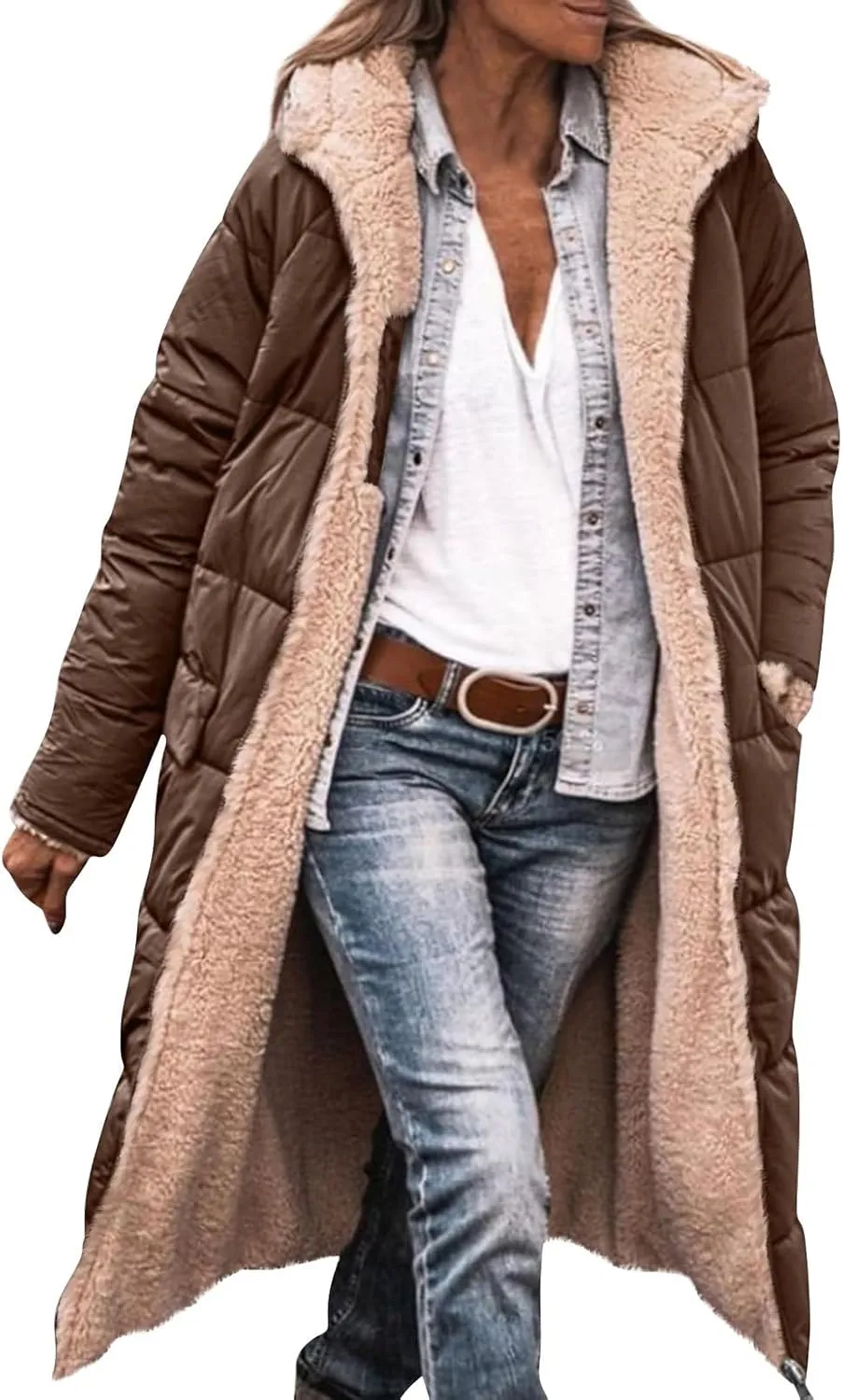 Women's 2024 Winter Fashion Clothes Oversized Fleece Long Coats Jackets Zip Up Warm Coats Long Hooded Puffer Jackets