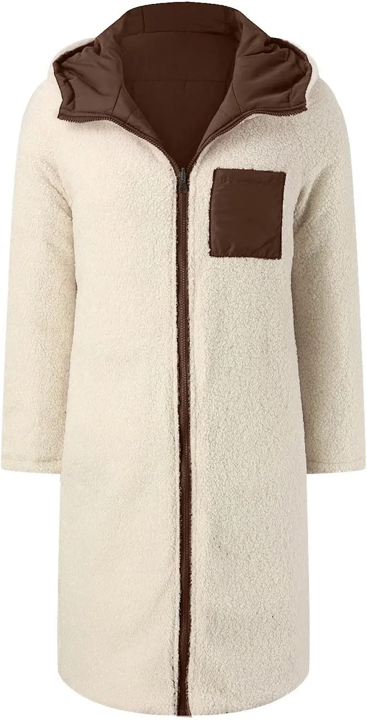 Women's 2024 Winter Fashion Clothes Oversized Fleece Long Coats Jackets Zip Up Warm Coats Long Hooded Puffer Jackets