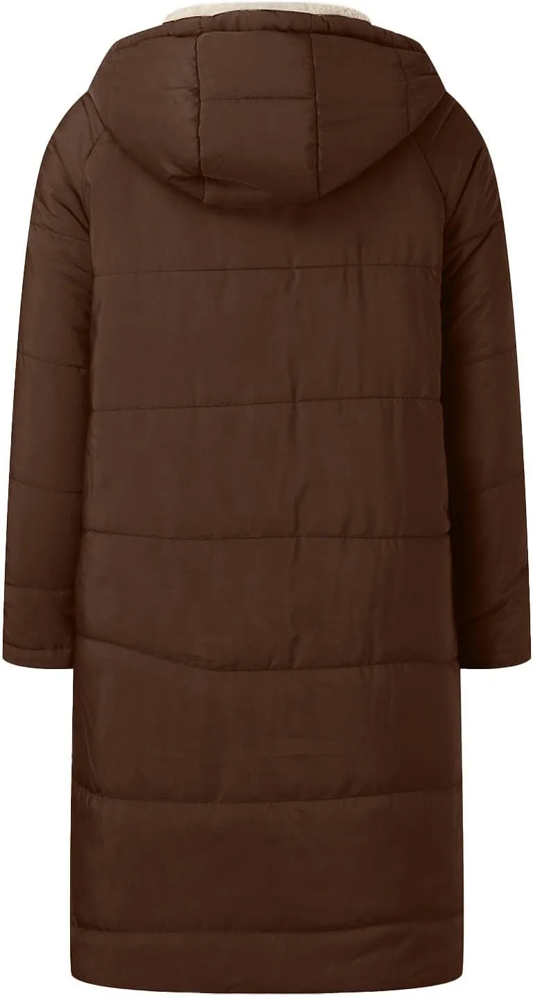 Women's 2024 Winter Fashion Clothes Oversized Fleece Long Coats Jackets Zip Up Warm Coats Long Hooded Puffer Jackets